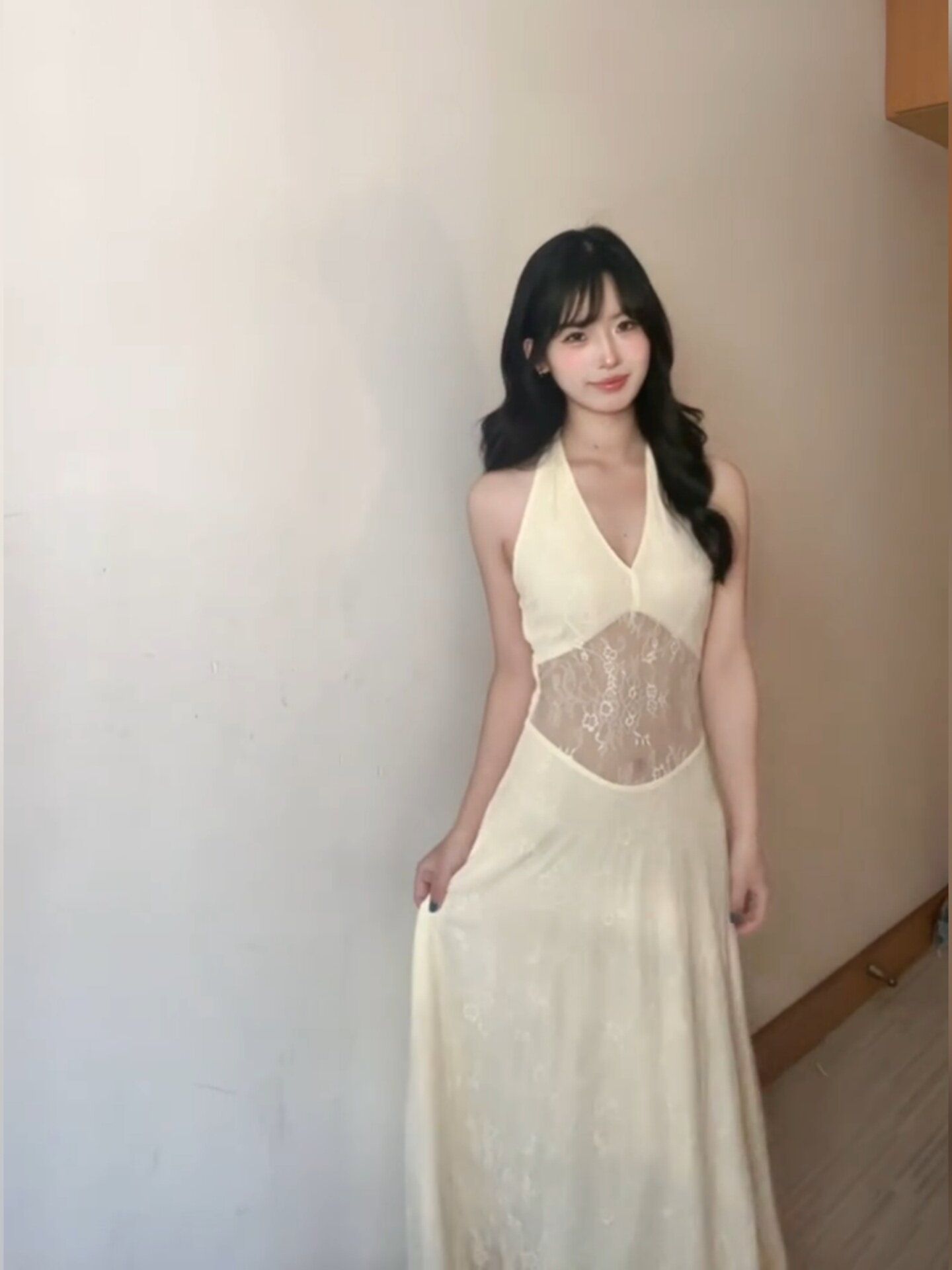 프랑스식 망사 자카드 V넥 행침 목 드레스 여성 의류 여름 해변가 휴가 품격 허리 수축 예복 길다 치마