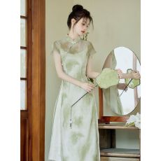 批发新款中式改良<b class='q'>旗袍</b>套装女<b class='q'>夏季</b>清冷感禅意连衣裙吊带外搭罩衫两件套