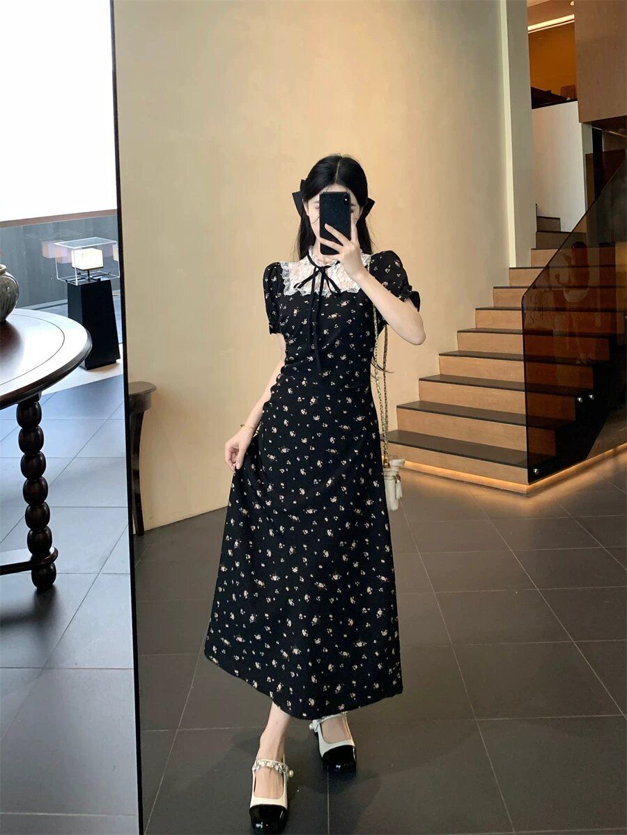 프랑스식 나비 그는 벤 바람 반팔 여성 드레스 여름 새로운 작은 검은 드레스 디자인 센스 슬림해 보이는 표지 배 길다 치마