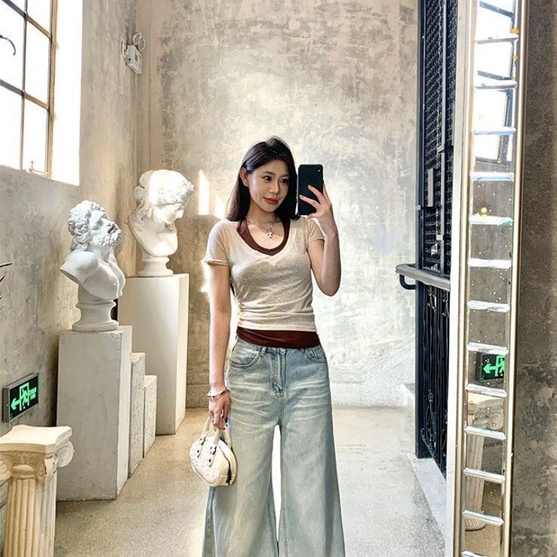 순수한 욕망 핫걸 바람 V넥 배색 몸매 가꾸기 반팔 맨위 스택 착용 행침 목 캐미솔 한 부서 투피스 세트