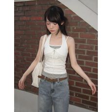 批发美式纯欲内搭挂脖上衣女夏季<b class='q'>新款</b>假两件条纹背心辣妹美背外穿吊带