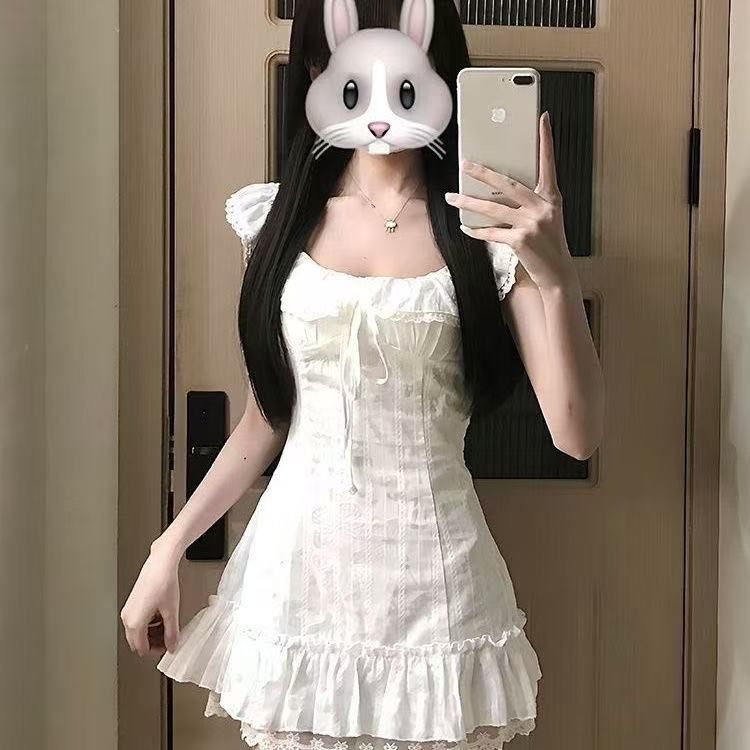 프릴 작은 날다 소매 여성 드레스 여름 화이트 프랑스식 쇼트 스타일 짧은 치마