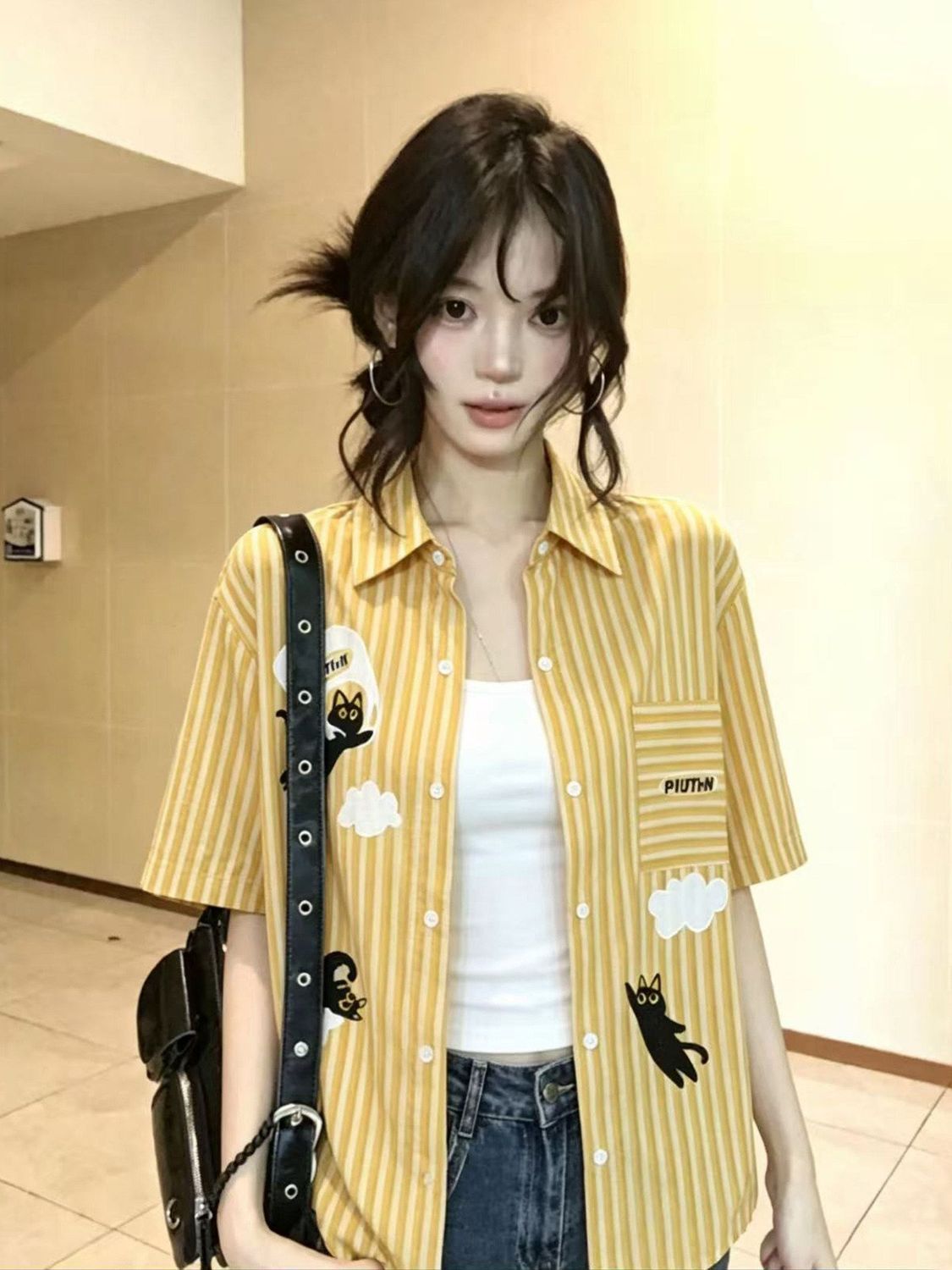 아메리칸 레트로 스트라이프 고양이 만화 자수 디자인 센스 셔츠 반팔 여성 여름 느긋한 바람 셔츠 트렌디