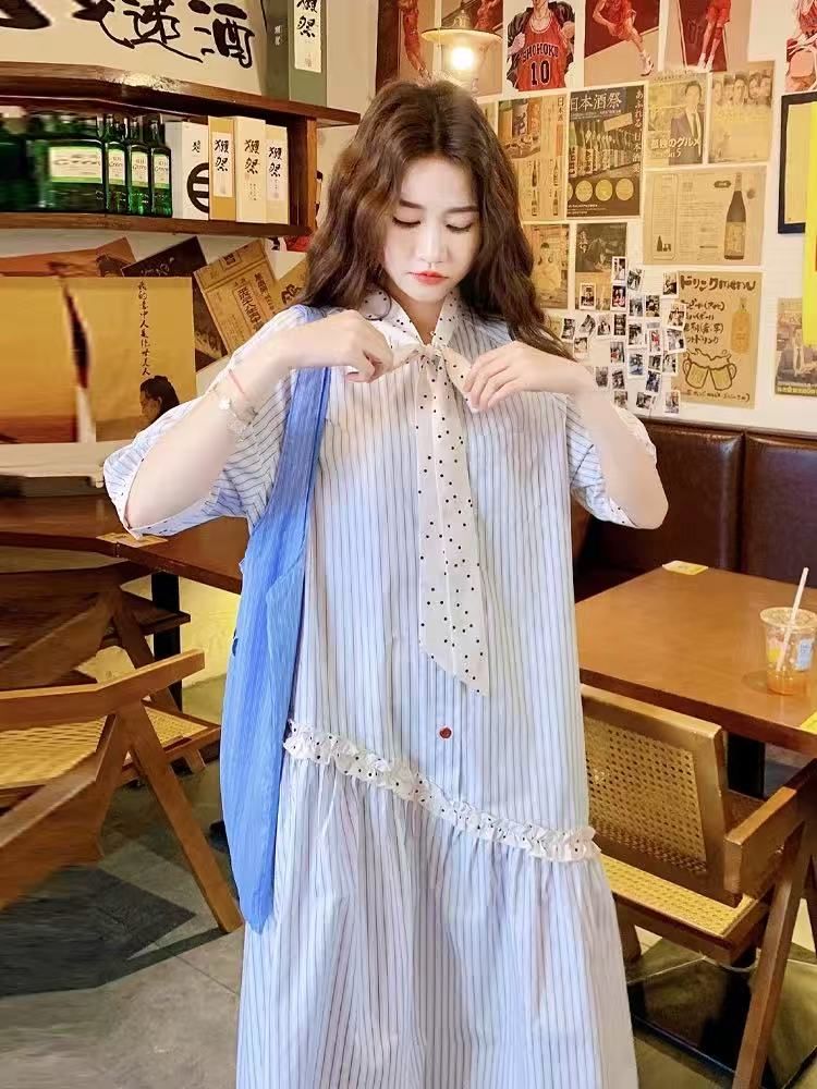 스트라이프 드레스 원본 품질 드레스 중간 길이 여름 새로운 한국 스타일 루즈핏 도트 무늬 레이스업 셔츠 드레스
