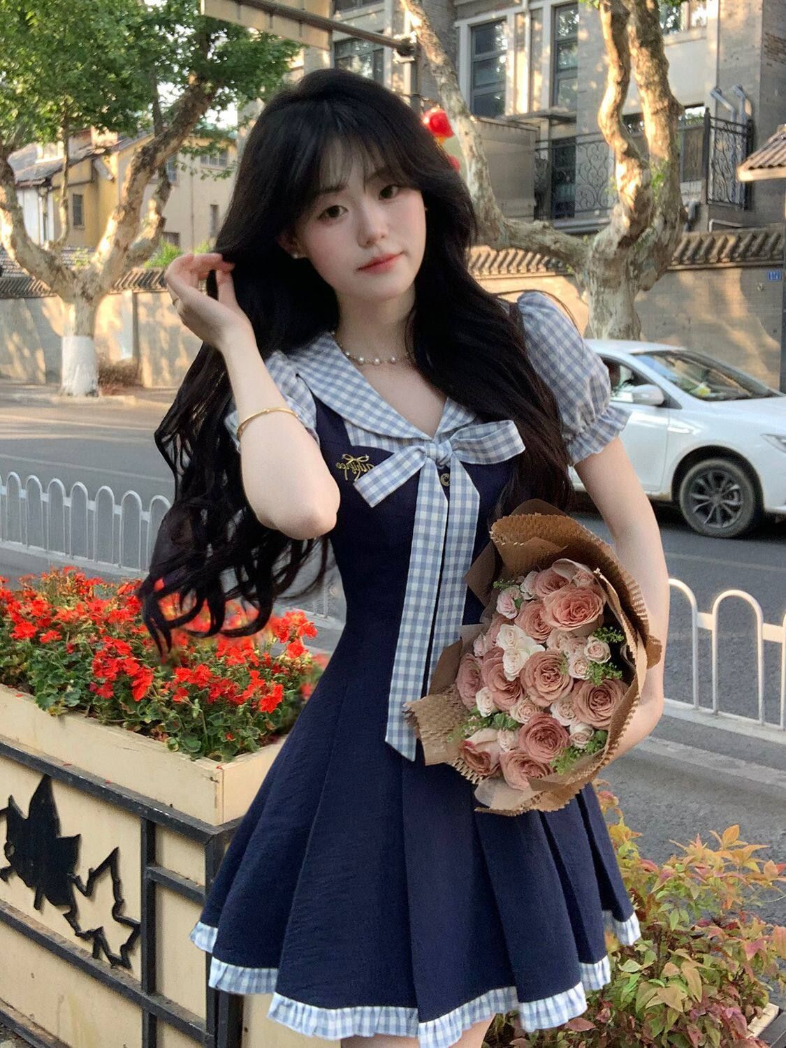 여름 새로운 한 부서 학원 스타일 패션 연령 감소 디자인 나비 매듭 페이크 레이어드 드레스 여자 학생 A라인 스커트