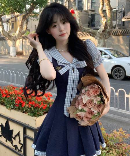 여름 새로운 한 부서 학원 스타일 패션 연령 감소 디자인 나비 매듭 페이크 레이어드 드레스 여자 학생 A라인 스커트