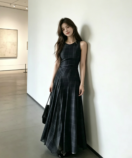 스타일 레트로 센스 체크무늬 망사 여성 드레스 여름 새로운 작은 대중 디자인 허리 수축 슬림해 보이는 도루 센스 품격 롱 스커트
