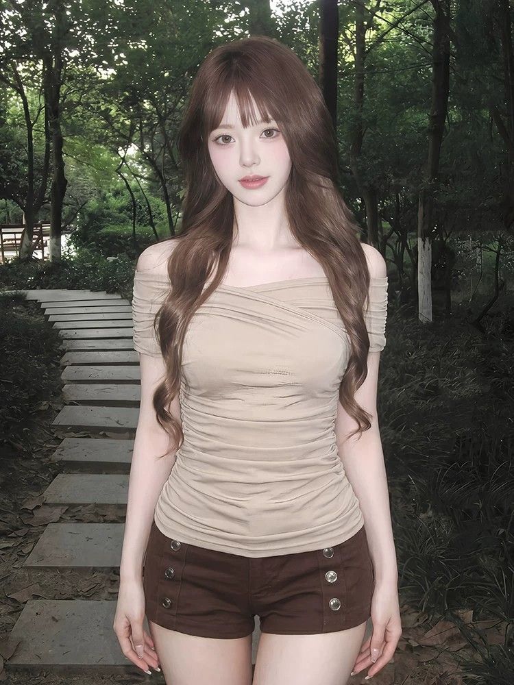 260 그램 사람들 면 디자인 센스 오프숄더 맨위 여성 여름 한 부서 펌프 Pleat 슬림해 보이는 반팔 몸매 가꾸기 핫걸 티셔츠