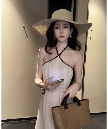 화이트 질감 센스 행침 목 백리스 슬립 여성 드레스 여름 이슬 허리 홀로우 아웃 스트랩 A라인 스커트 휴가 롱 스커트