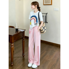 批发多巴胺休闲运动套装女夏<b class='q'>时尚</b>高级高减龄炸街彩虹短袖阔腿裤两件套