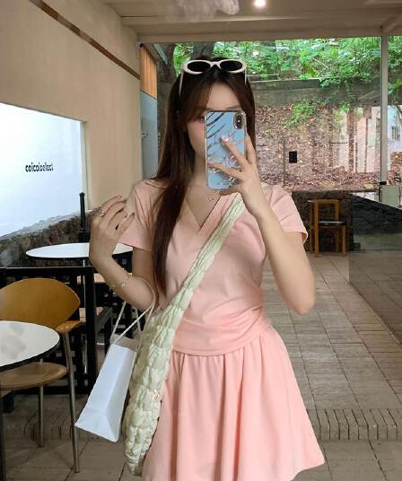 있음 안감 한국 스타일 세트 여성 새로운 여름 POLO 칼라 주름 긍정적 인 어깨 의류 미니 스커트 투피스 세트