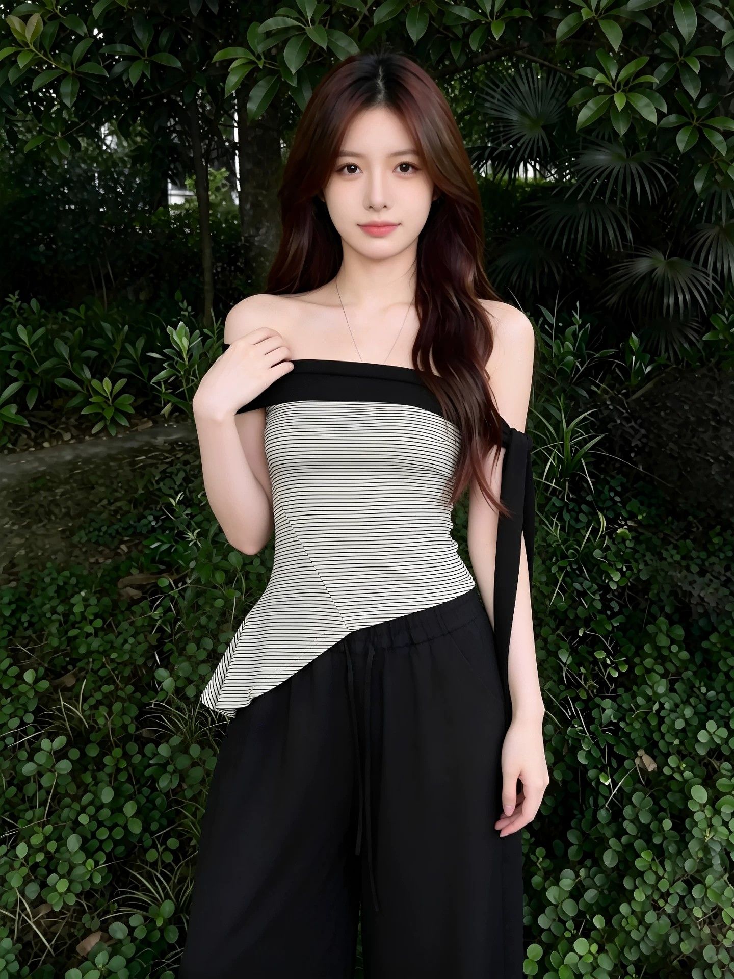 40 순면 배색 리본 오프숄더 스트라이프 티셔츠 여성 여름 허리 수축 슬림해 보이는 스트랩 핫걸 민소매 맨위