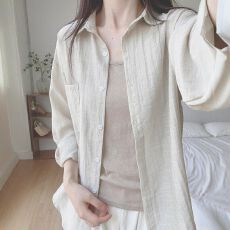 批发休闲卡其色防晒<b class='q'>衬衫</b>女春夏季小个子<b class='q'>长袖</b>宽松通勤韩系<b class='q'>衬衣</b>吊带套装