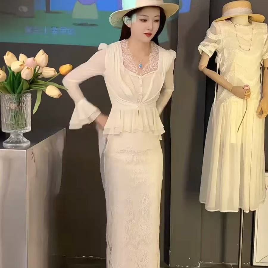 여름 새로운 숙녀 세트 V넥 허리 수축 셔츠 레이스 반신 스커트 프랑스식 빛 요리 한 우아함 바람 투피스 세트 트렌디