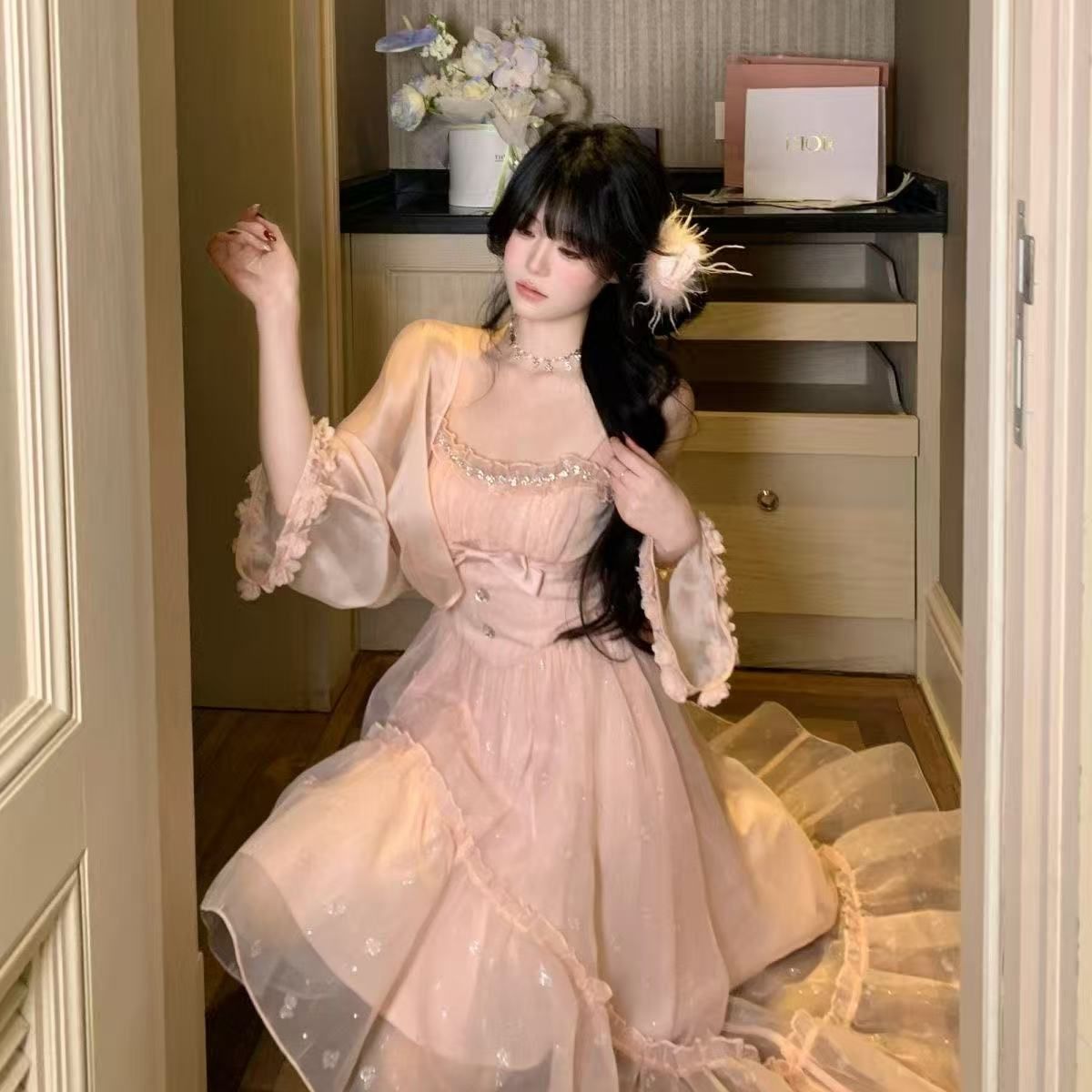 blovelan 깨진 스타 가을 실 요정 가스 달콤함 프린트 뜨거운 은 우아함 불규칙 진자 스와로브스키 레이스 슬립 드레스