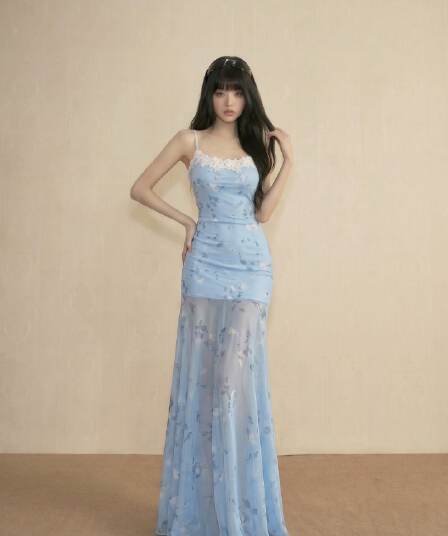 rosy 이슬 생각하기 프랑스식 파란색 레이스 슬립 여성 드레스 여름 프린트 망사 해변가 휴가 길다 치마