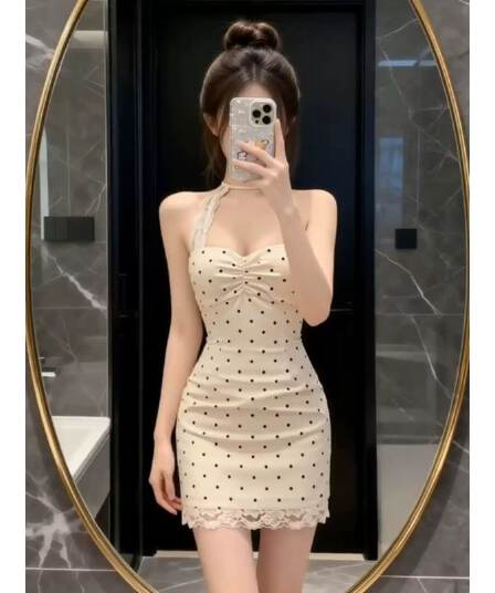 순수한 욕망 바람 레이스 조각 도트 무늬 행침 목 여성 드레스 여름 허리 수축 디스플레이 몸 타이트 스커트 품격 짧은 치마