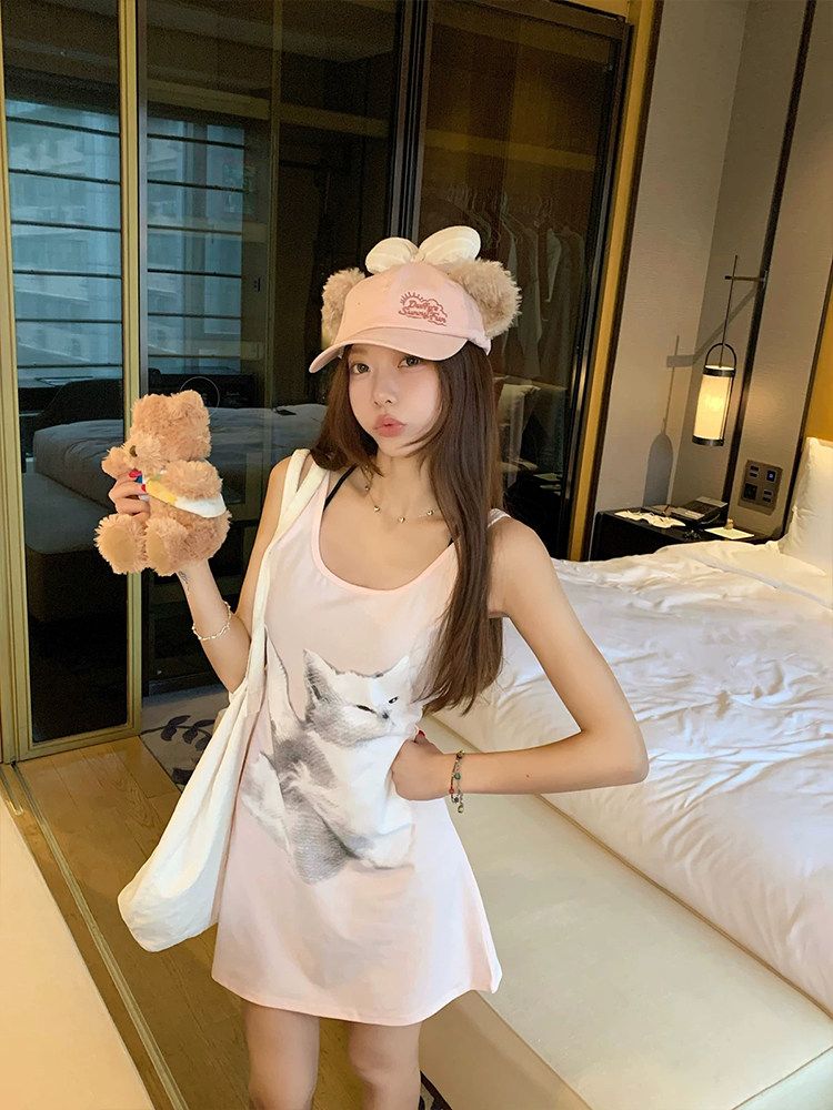 mosesqueen 마술 웨스트 여왕 순수한 욕망 대 네클라인 스트랩 슬립 여성 드레스 고양이 프린트 조끼 맨위