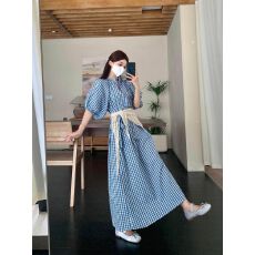批发夏日绝美小裙子独特漂亮级感大码蓝色<b class='q'>格</b>纹泡泡袖<b class='q'>连衣裙</b>女