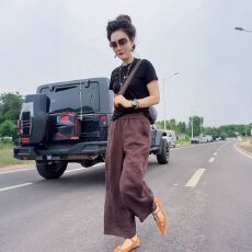 批发夏季复古减龄套装女简约修身短袖T恤<b class='q'>高腰</b>显瘦直筒阔腿裤子两件套