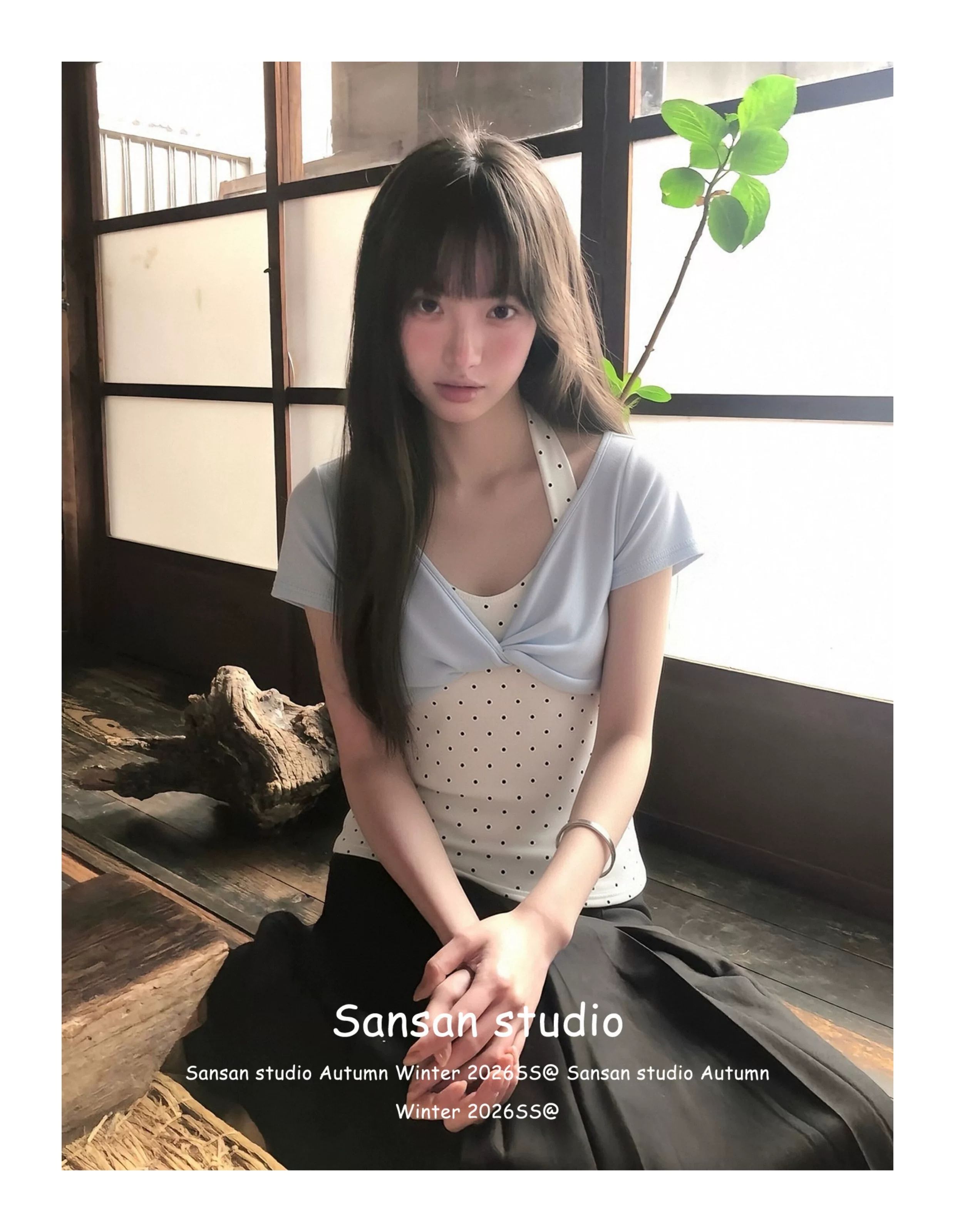 40 순면 한 부서 행침 목 페이크 레이어드 도트 무늬 티셔츠 여성 여름 섹션 달콤한 핫걸 Chic 비틀림 디스플레이 얇고 작은 맨위