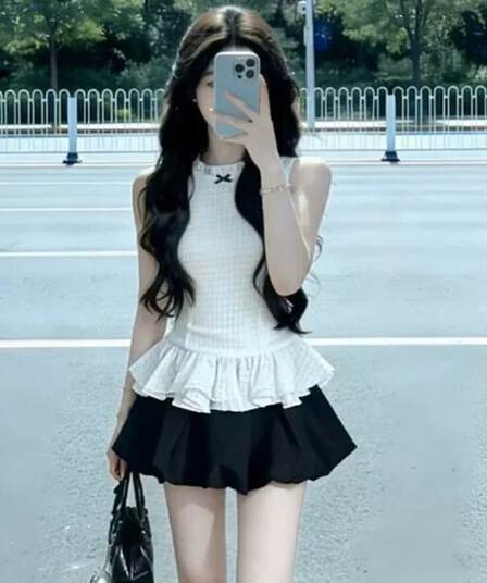 원본 것 한 부서 천 골드 품격 민소매 허리 수축 맨위 전체 집합 꽃밭 투피스 조끼 미니 스커트 세트