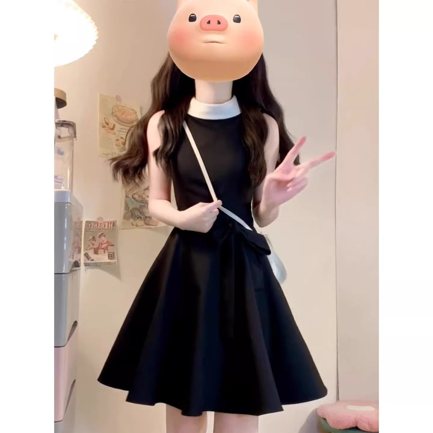 있음 안감 그는 벤 바람 민소매 검정색 여성 드레스 허리 수축 A라인 스커트 천 골드 고급 센스 치마 여름 새로운