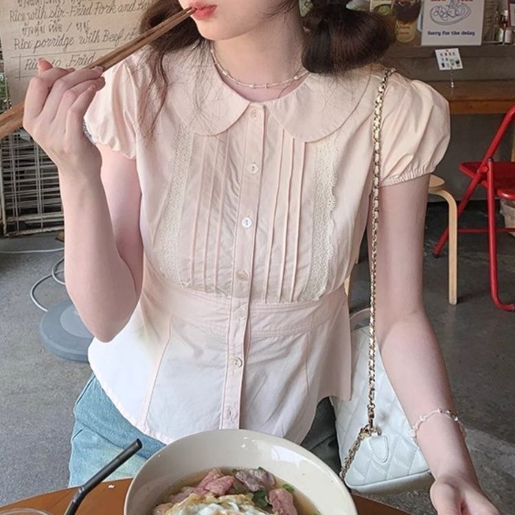 한 부서 부드러운 바람 핑크색 베이비 칼라 허리 수축 반팔 여성 셔츠 여름 디자인 센스 연령 감소 레이스 레이스 셔츠