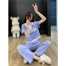 批发时尚<b class='q'>运动服</b>套装女夏休闲洋气减龄V领短袖<b class='q'>T</b><b class='q'>恤</b>阔腿裤两件套