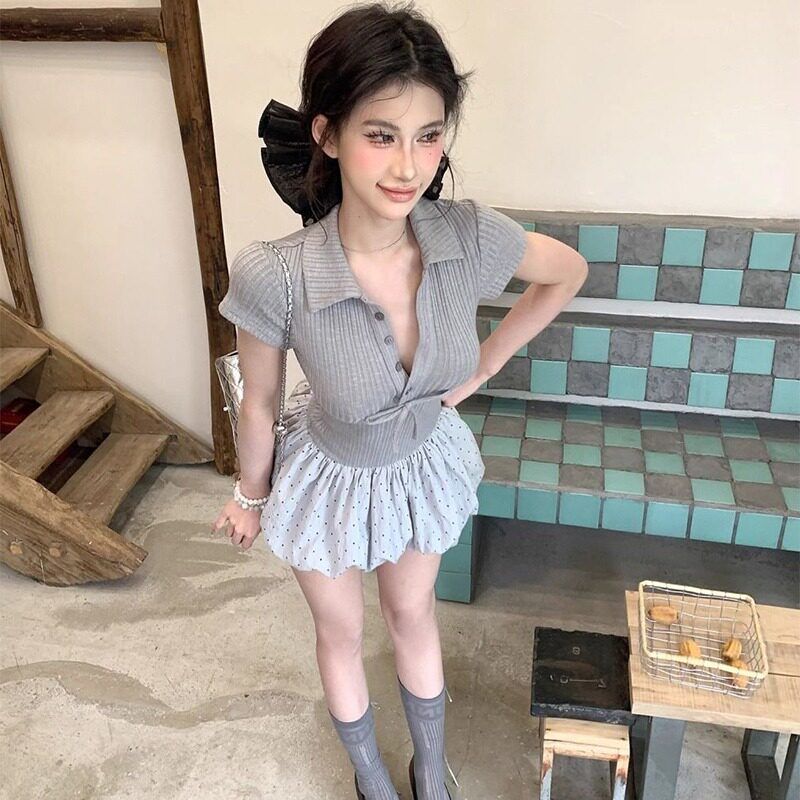 나비 매듭 POLO 칼라 반팔 여성 드레스 여름 순수한 욕망 회색 패치워크 퍼프 치마