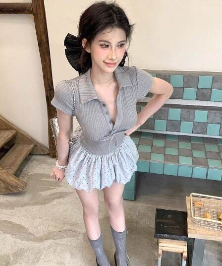 나비 매듭 POLO 칼라 반팔 여성 드레스 여름 순수한 욕망 회색 패치워크 퍼프 치마