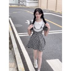 批发法式娃娃领<b class='q'>连衣裙</b>女夏2026新款小个子收腰<b class='q'>格</b>子泡泡袖茶歇公主裙子