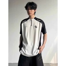 批发夏季美式撞色拼接球衣短袖薄款户外休闲运动骑行服半拉链T恤男女