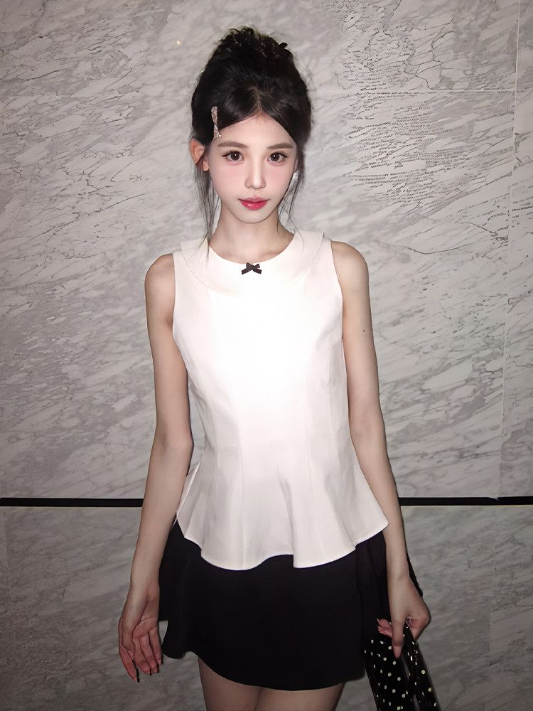 miu 부서 ootd 전체 집합 나비 매듭 민소매 맨위 검정색 반 스커트 여성 여름 고유 한 아름다운 착용 가져 가라. 세트