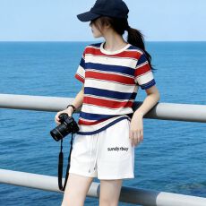 批发运动休闲套装女撞色宽松减龄显瘦条纹短袖短裤两件套