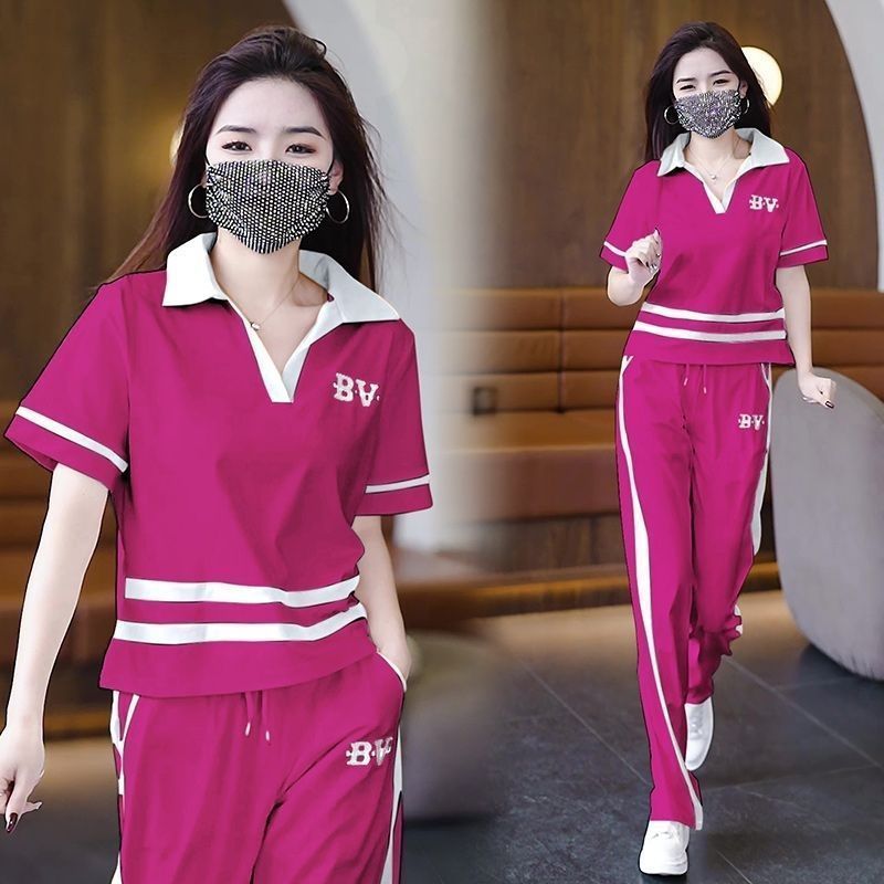 패션 캐주얼 운동복 세트 여성 2026 여름 루즈핏 연령 감소 맨위 와이드 레그 팬츠 투피스 세트