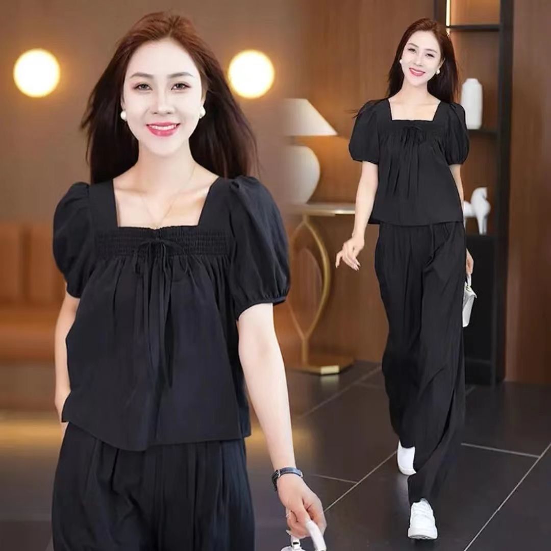 패션 캐주얼 광장 칼라 세트 여성 2026 여름 새로운 루즈핏 슬림해 보이는 외국 가스 스트레이트 팬츠 투피스 세트