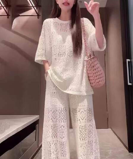 원본 원단 솜씨 바지 있음 네리 여름 새로운 홀로우 아웃 반팔 캐주얼 와이드 레그 팬츠 두 조각 여성 세트