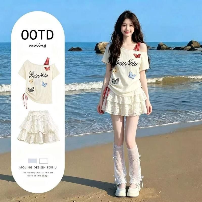 부드러운 바람 세트 패치 자수 오프숄더 펌프 로프 반팔 맨위 코디 반신 케이크 미니 스커트 투피스 세트