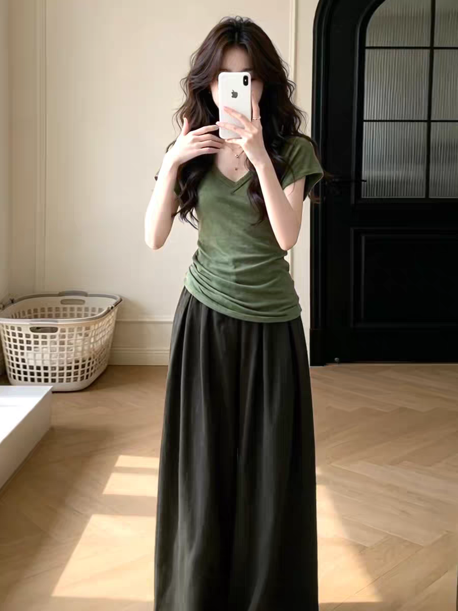 자이언트 잘 생긴 ootd 착용 가져 가라. 전체 집합 2026 새로운 녹색 반팔 티셔츠 여성 여름 와이드 레그 팬츠 투피스 세트 yw
