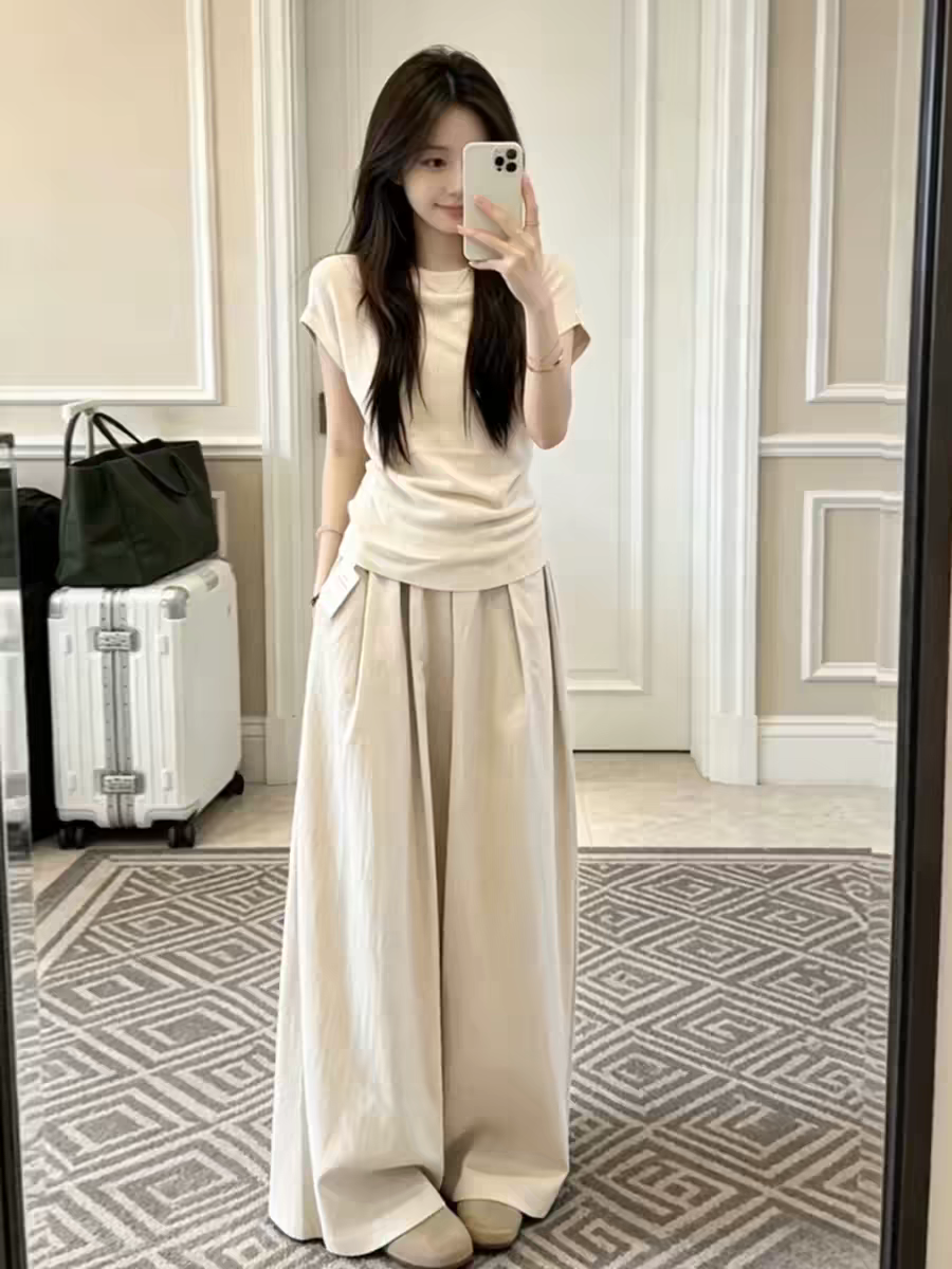 트렌드 ootd 착용 가져 가라. 패션 학원 스타일 세트 여성 여름 2026 새로운 캐주얼 반팔 와이드 레그 팬츠 투피스 세트