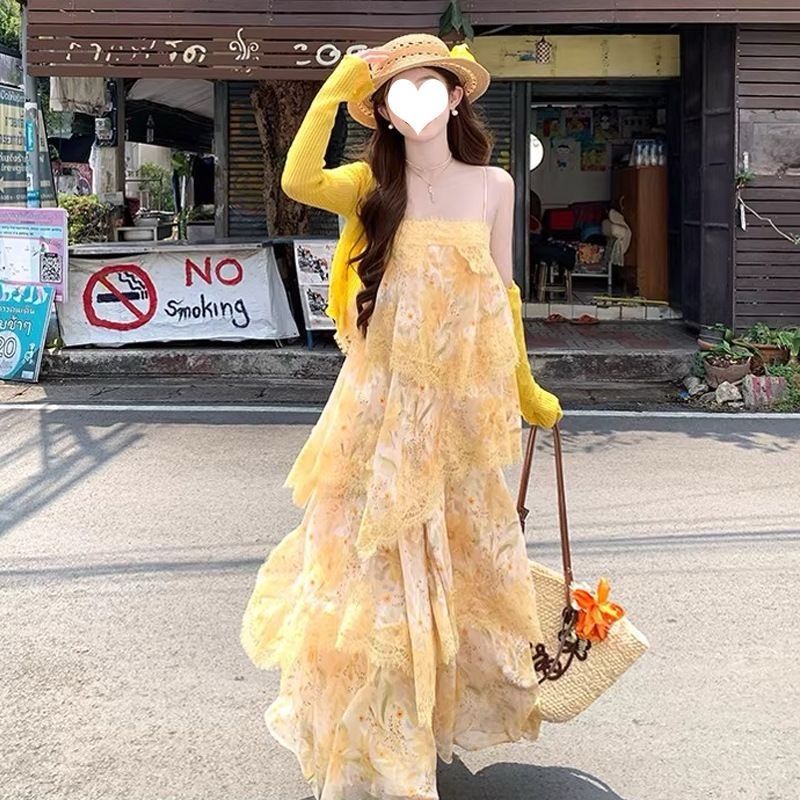 여름 신제품 휴가 도파민 고급 디자인 센스 레이스 조각 꽃무늬 슬립 드레스