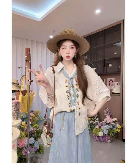 여름 켜기 새로운 학원 스타일 세트 여성 연령 감소 한 부서 슬림해 보이는 맨위 코디 캐주얼 하이웨이스트 치마바지 투피스 세트