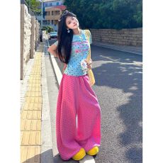 批发多巴胺减龄运动<b class='q'>套装</b>女夏季美式辣妹撞色波点短袖阔腿裤<b class='q'>休闲</b>两件套
