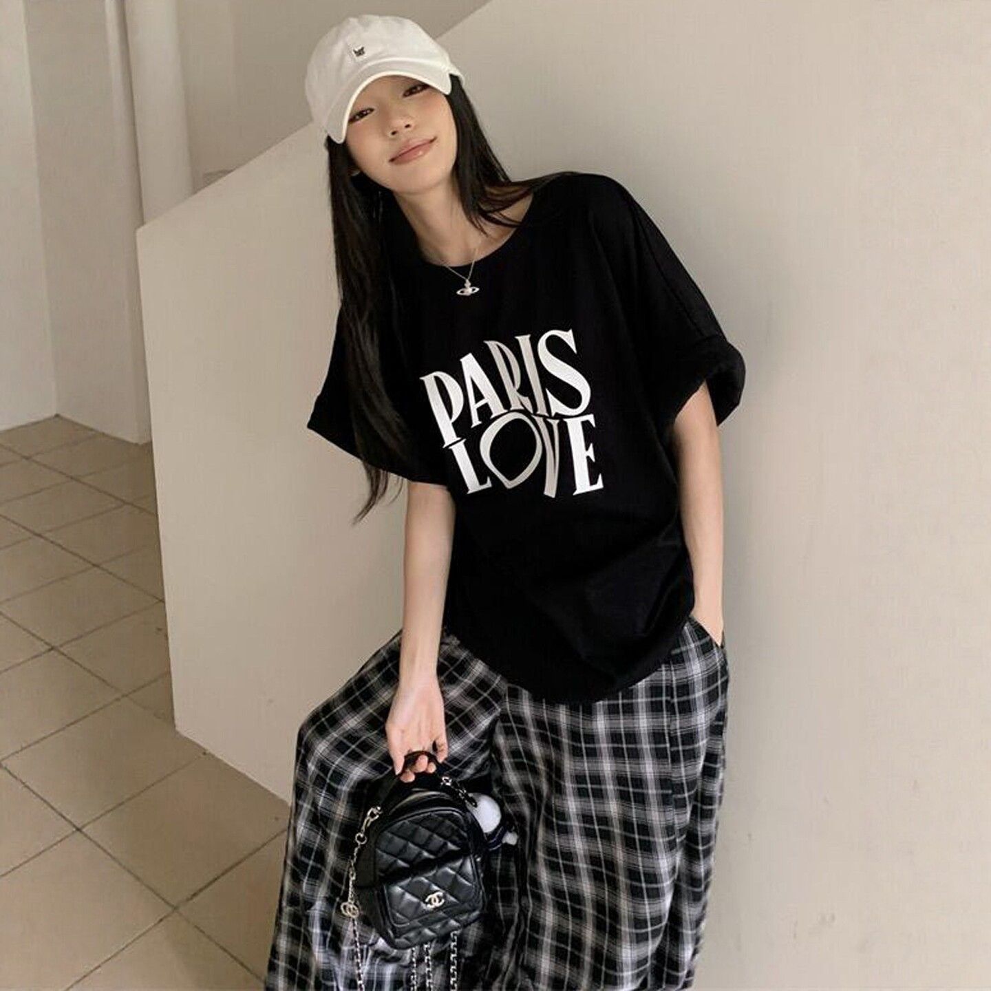 아메리칸 레트로 캐주얼 운동복 세트 여성 여름 루즈핏 알파벳 프린트 티셔츠 체크무늬 와이드 레그 팬츠 투피스 세트
