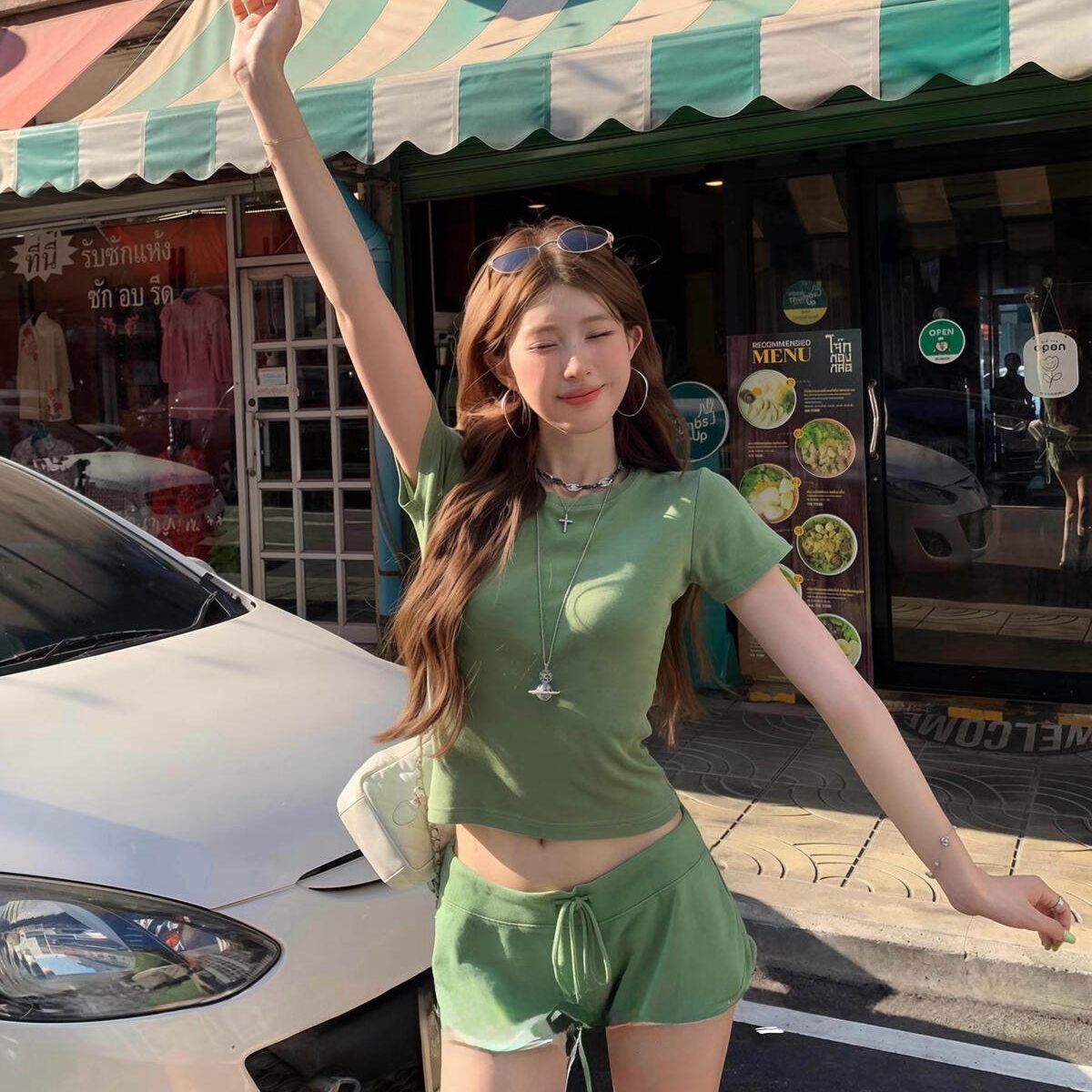 원본 원단 40s 좋은 면 원본 솜씨 도파민 순수한 욕망 몸매 가꾸기 반팔 맨위 반바지 두 조각 여성 세트 여름