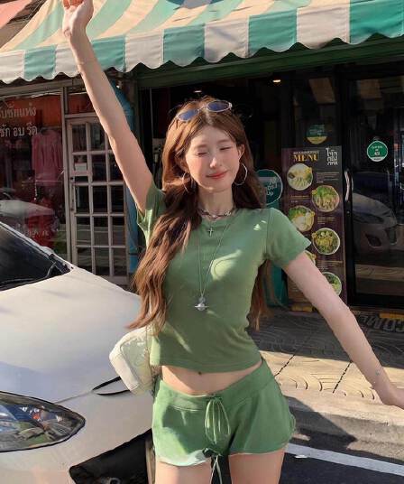 원본 원단 40s 좋은 면 원본 솜씨 도파민 순수한 욕망 몸매 가꾸기 반팔 맨위 반바지 두 조각 여성 세트 여름