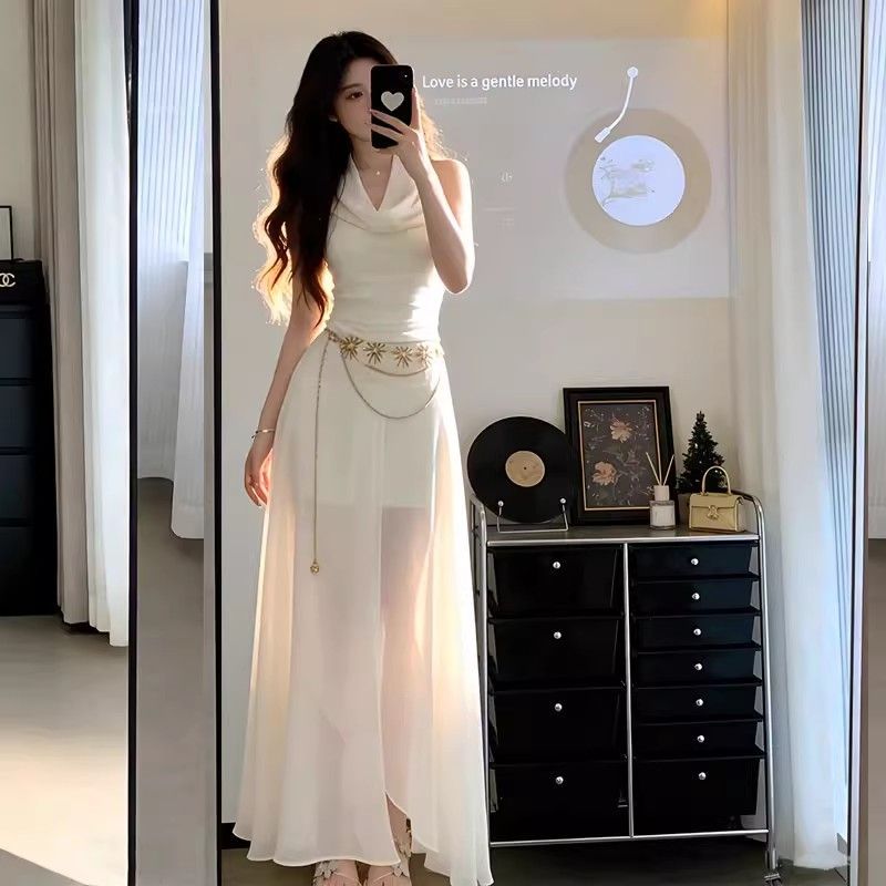 원본 것 벨트 보내기 패션 흔들다 칼라 민소매 드레스 휴가 바람 프랑스식 분위기 센스 슬림해 보이는 허리 수축 롱 스커트