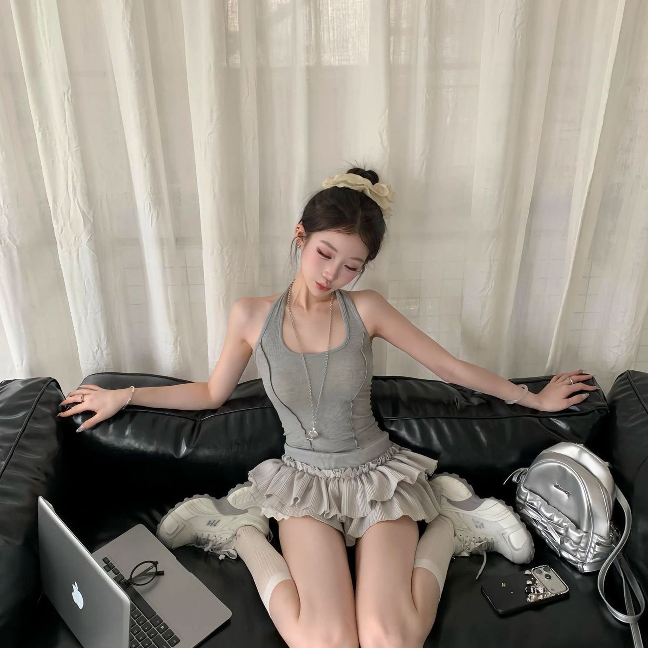 한 여성 회색 패치워크 행침 목 케이크 드레스 여름 새로운 핫걸 허리 수축 몸매 가꾸기 민소매 쇼트 스타일 드레스