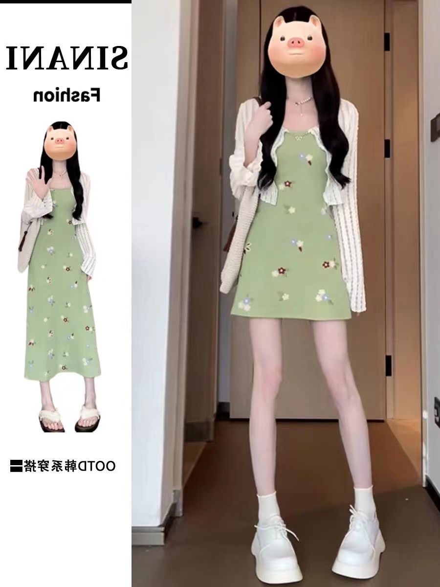 차 휴식 프랑스식 슬립 꽃무늬 드레스 아이들 여름 미니 스커트 새로운 해변가 휴가 고급 센스 세트 롱 스커트